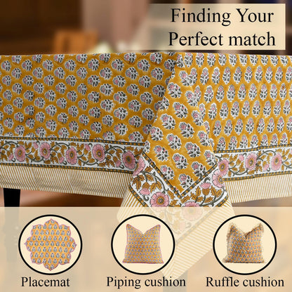 CPC Tablecloth 100% Cotton 80x120 Inch Indian Block Print Rectangle Table Cover, Gray Table Cloth for Weddings, Spring/Summer, Barbeque - Yellow Citrine