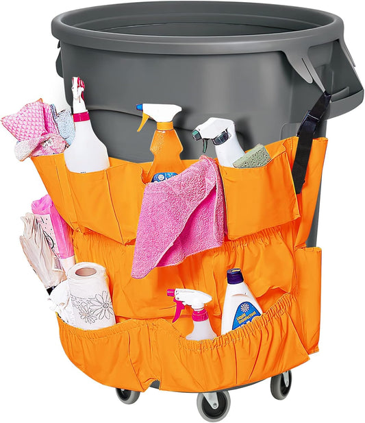 Trash Can Caddy Bag 12 Pocket Garbage Can Organizer, Yellow Commercial Cleaning Caddy Fits 32-55 Gallon Bins | Perfect for Janitorial Duties & Maid Services