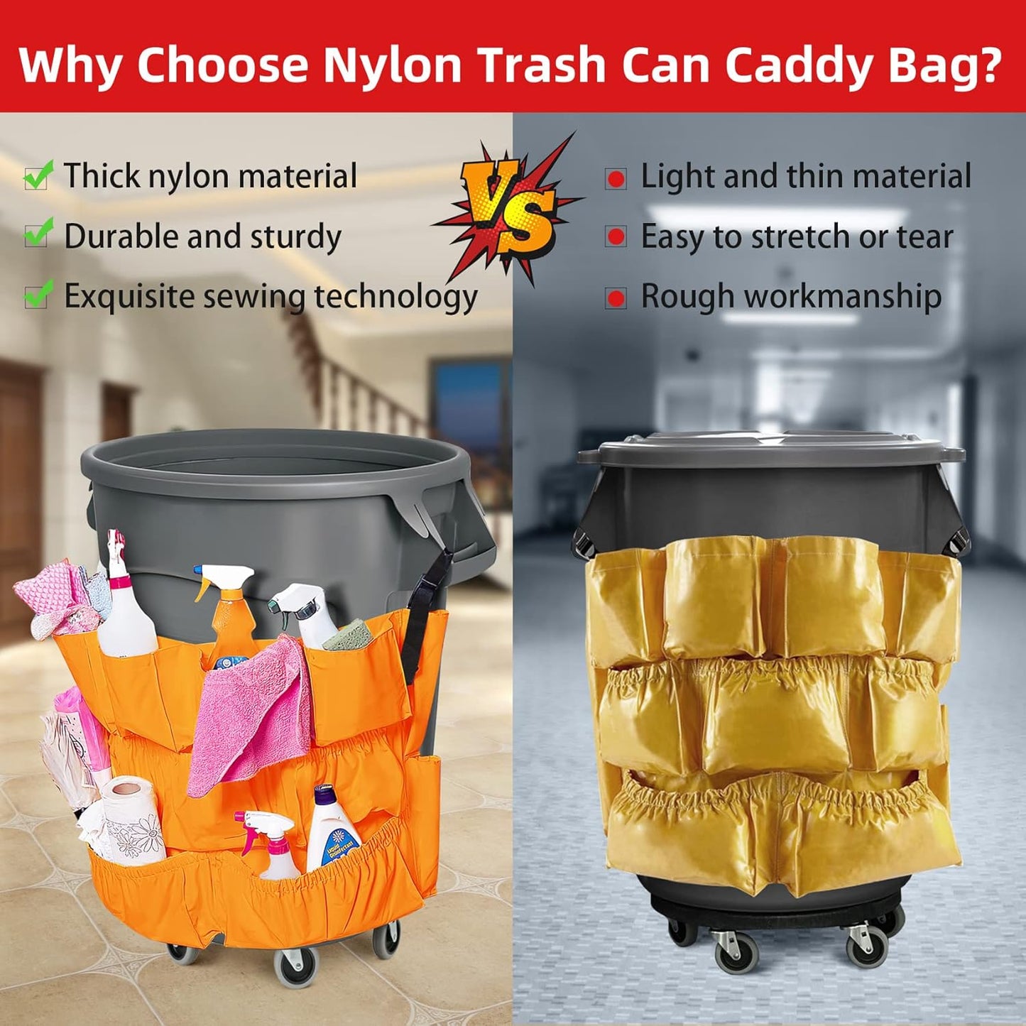 Trash Can Caddy Bag 12 Pocket Garbage Can Organizer, Yellow Commercial Cleaning Caddy Fits 32-55 Gallon Bins | Perfect for Janitorial Duties & Maid Services
