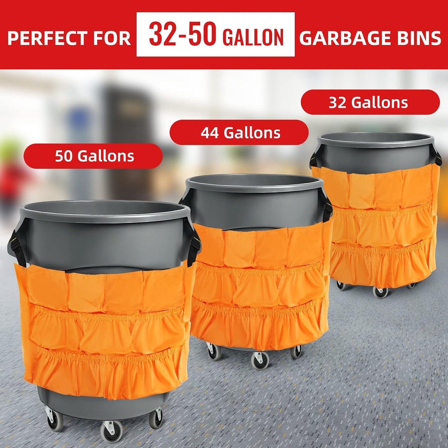 Trash Can Caddy Bag 12 Pocket Garbage Can Organizer, Yellow Commercial Cleaning Caddy Fits 32-55 Gallon Bins | Perfect for Janitorial Duties & Maid Services