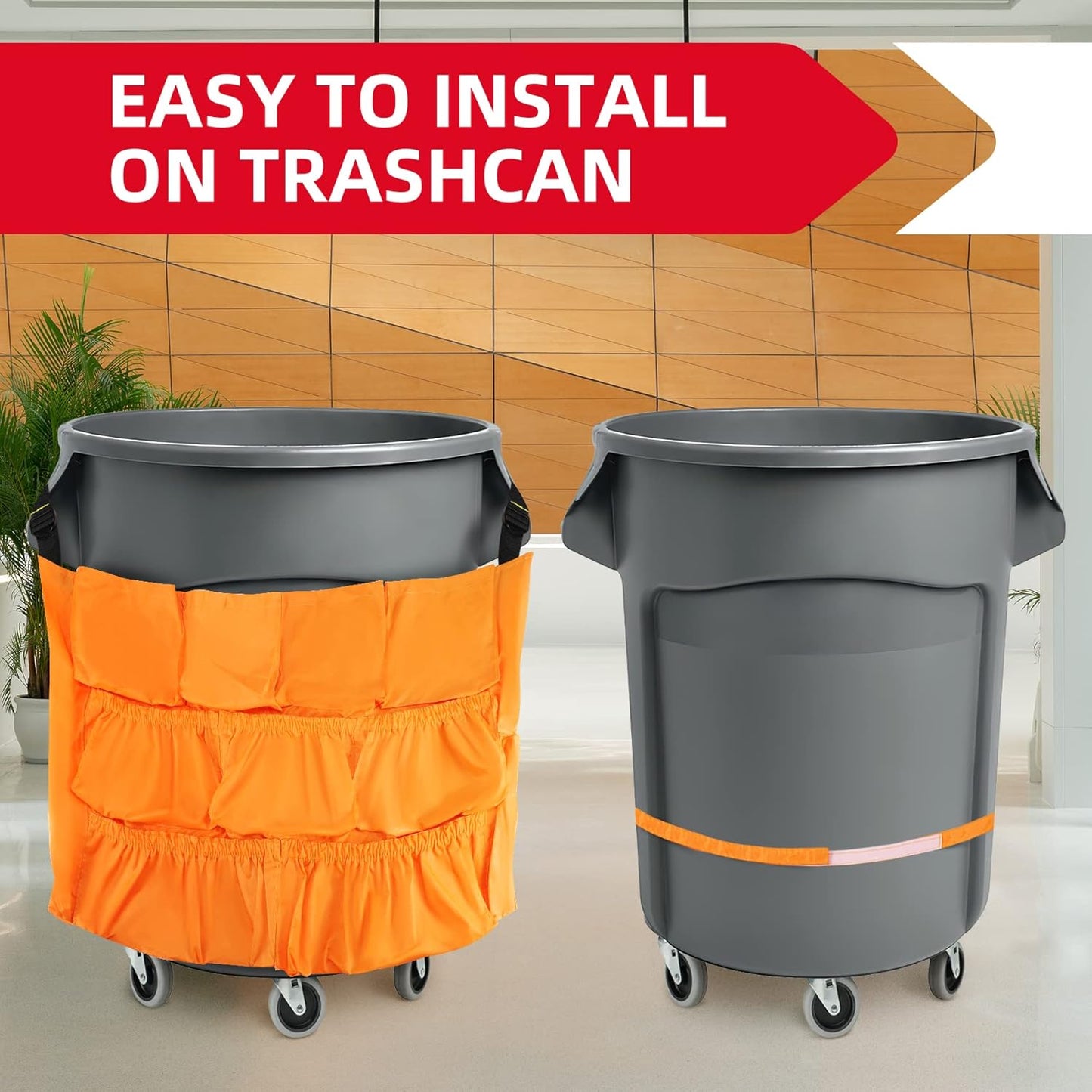 Trash Can Caddy Bag 12 Pocket Garbage Can Organizer, Yellow Commercial Cleaning Caddy Fits 32-55 Gallon Bins | Perfect for Janitorial Duties & Maid Services