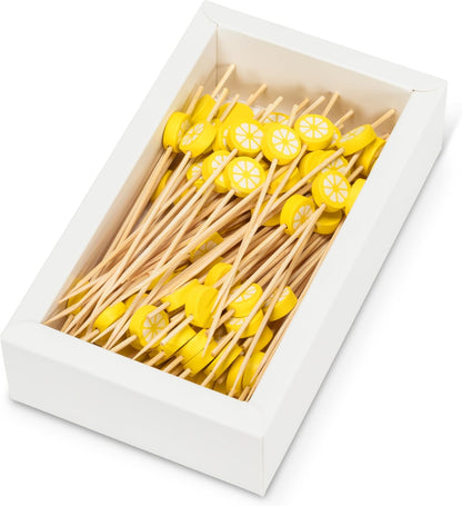 Lemons Cocktail Picks, 100 Pieces | Bamboo/Wood, Brown/Yellow, 4.5"L