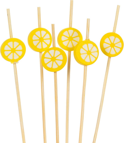 Lemons Cocktail Picks, 100 Pieces | Bamboo/Wood, Brown/Yellow, 4.5"L