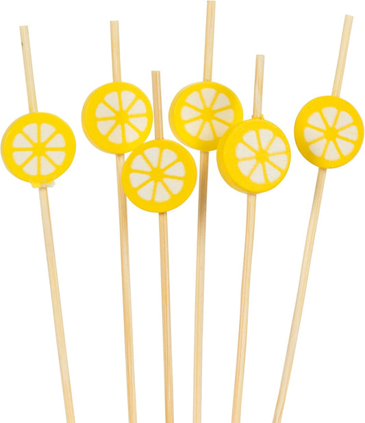 Lemons Cocktail Picks, 100 Pieces | Bamboo/Wood, Brown/Yellow, 4.5"L