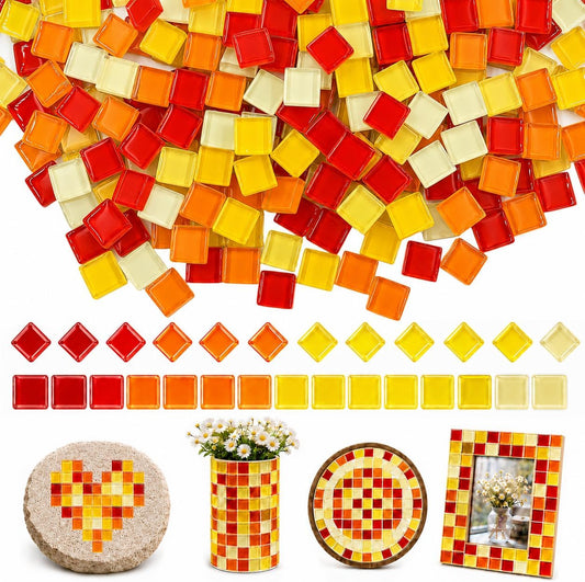 1100 Pcs Glass Mosaic Tiles for Crafts Bulk, Red Orange Yellow Mixed Crystal Mosaic Tiles 2.2 lb, 0.4 Inch Square Stained Glass Pieces for Art Crafts, Mosaic Making Projects, Home Decor, and More
