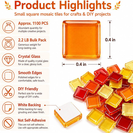 1100 Pcs Glass Mosaic Tiles for Crafts Bulk, Red Orange Yellow Mixed Crystal Mosaic Tiles 2.2 lb, 0.4 Inch Square Stained Glass Pieces for Art Crafts, Mosaic Making Projects, Home Decor, and More