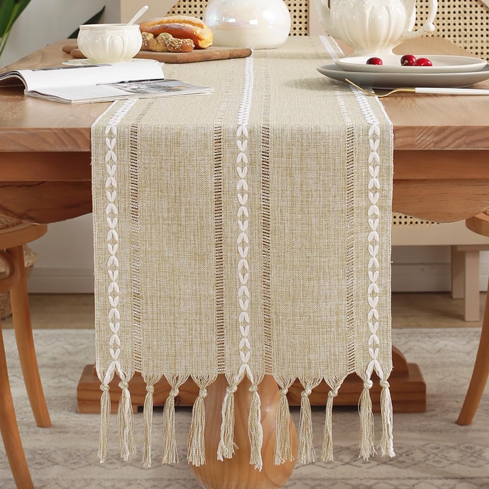 Rustic Table Runner with Tassels, Farmhouse Boho Table Runners Braided Striped, Cotton Linen Table Decoration for Dining Party Holiday and Wedding, 72 Inches, Light Yellow