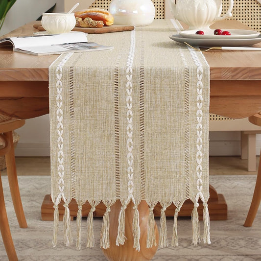 Rustic Table Runner with Tassels, Farmhouse Boho Table Runners Braided Striped, Cotton Linen Table Decoration for Dining Party Holiday and Wedding, 72 Inches, Light Yellow