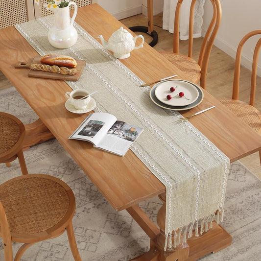Rustic Table Runner with Tassels, Farmhouse Boho Table Runners Braided Striped, Cotton Linen Table Decoration for Dining Party Holiday and Wedding, 72 Inches, Light Yellow