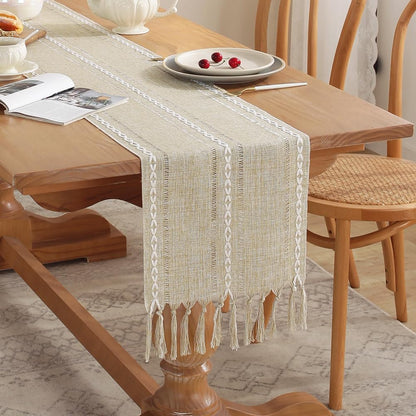 Rustic Table Runner with Tassels, Farmhouse Boho Table Runners Braided Striped, Cotton Linen Table Decoration for Dining Party Holiday and Wedding, 72 Inches, Light Yellow