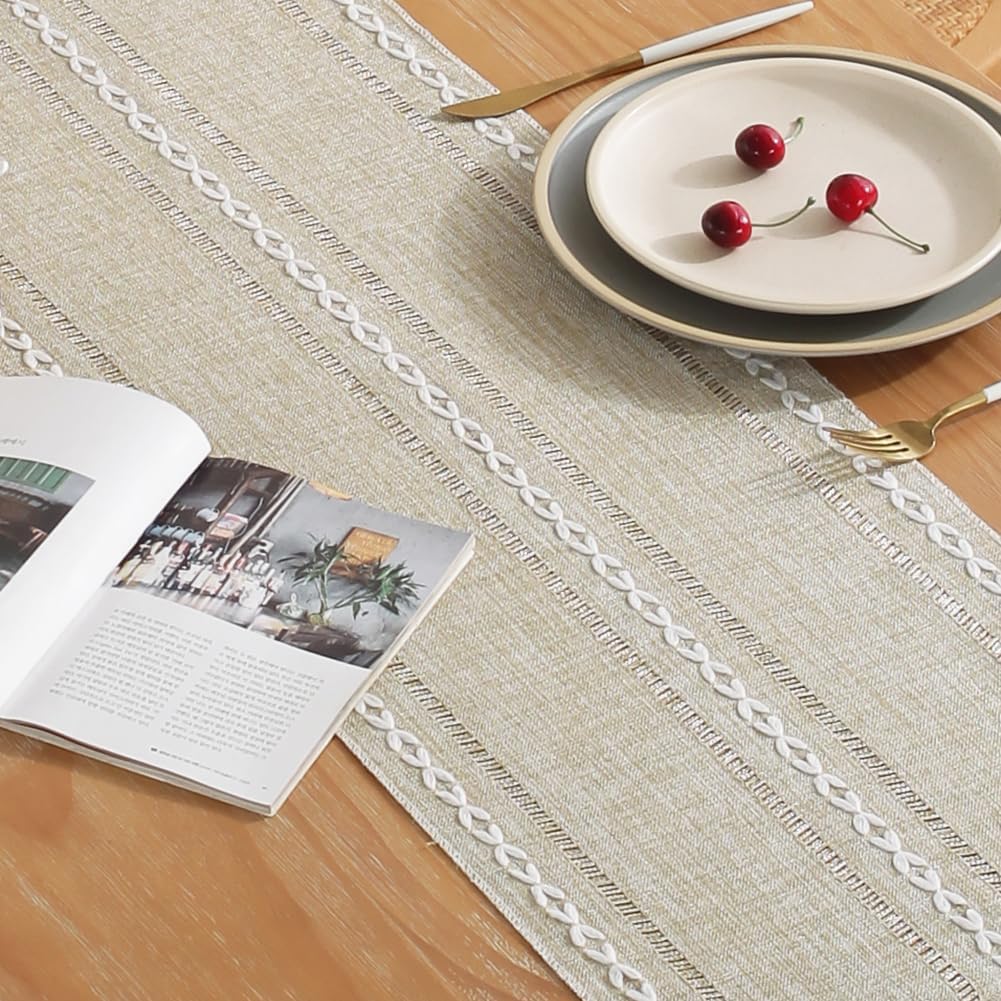 Rustic Table Runner with Tassels, Farmhouse Boho Table Runners Braided Striped, Cotton Linen Table Decoration for Dining Party Holiday and Wedding, 72 Inches, Light Yellow