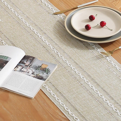 Rustic Table Runner with Tassels, Farmhouse Boho Table Runners Braided Striped, Cotton Linen Table Decoration for Dining Party Holiday and Wedding, 72 Inches, Light Yellow