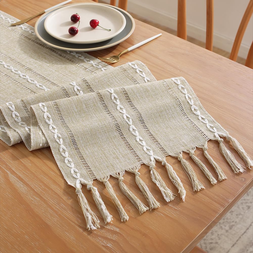 Rustic Table Runner with Tassels, Farmhouse Boho Table Runners Braided Striped, Cotton Linen Table Decoration for Dining Party Holiday and Wedding, 72 Inches, Light Yellow