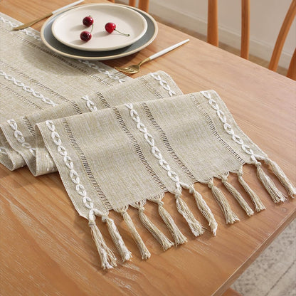 Rustic Table Runner with Tassels, Farmhouse Boho Table Runners Braided Striped, Cotton Linen Table Decoration for Dining Party Holiday and Wedding, 72 Inches, Light Yellow