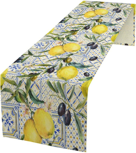 Summer Lemon Table Runner, Italian Navy Blue Tile Burlap Watercolor Lemon Olive Fruit Dinner Table Runners Farmhouse Coffee Table Home Kitchen Dresser Decor for Party Holiday 13"x36"
