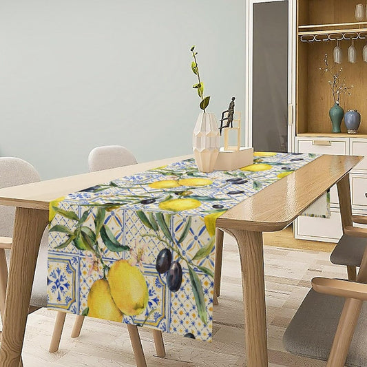 Summer Lemon Table Runner, Italian Navy Blue Tile Burlap Watercolor Lemon Olive Fruit Dinner Table Runners Farmhouse Coffee Table Home Kitchen Dresser Decor for Party Holiday 13"x36"