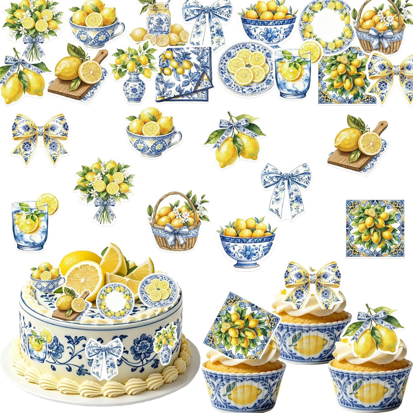 52PCS Edible Capri Lemon Cupcake Toppers Wafer Paper Blue Tiles Yellow Lemon Cake Picks Edible Amalfi Coast Lemon Cupcake Toppers for Summer Mediterranean Lemon Theme Party Supplies