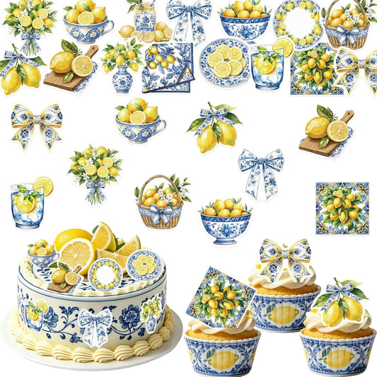 52PCS Edible Capri Lemon Cupcake Toppers Wafer Paper Blue Tiles Yellow Lemon Cake Picks Edible Amalfi Coast Lemon Cupcake Toppers for Summer Mediterranean Lemon Theme Party Supplies