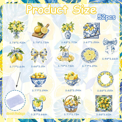 52PCS Edible Capri Lemon Cupcake Toppers Wafer Paper Blue Tiles Yellow Lemon Cake Picks Edible Amalfi Coast Lemon Cupcake Toppers for Summer Mediterranean Lemon Theme Party Supplies