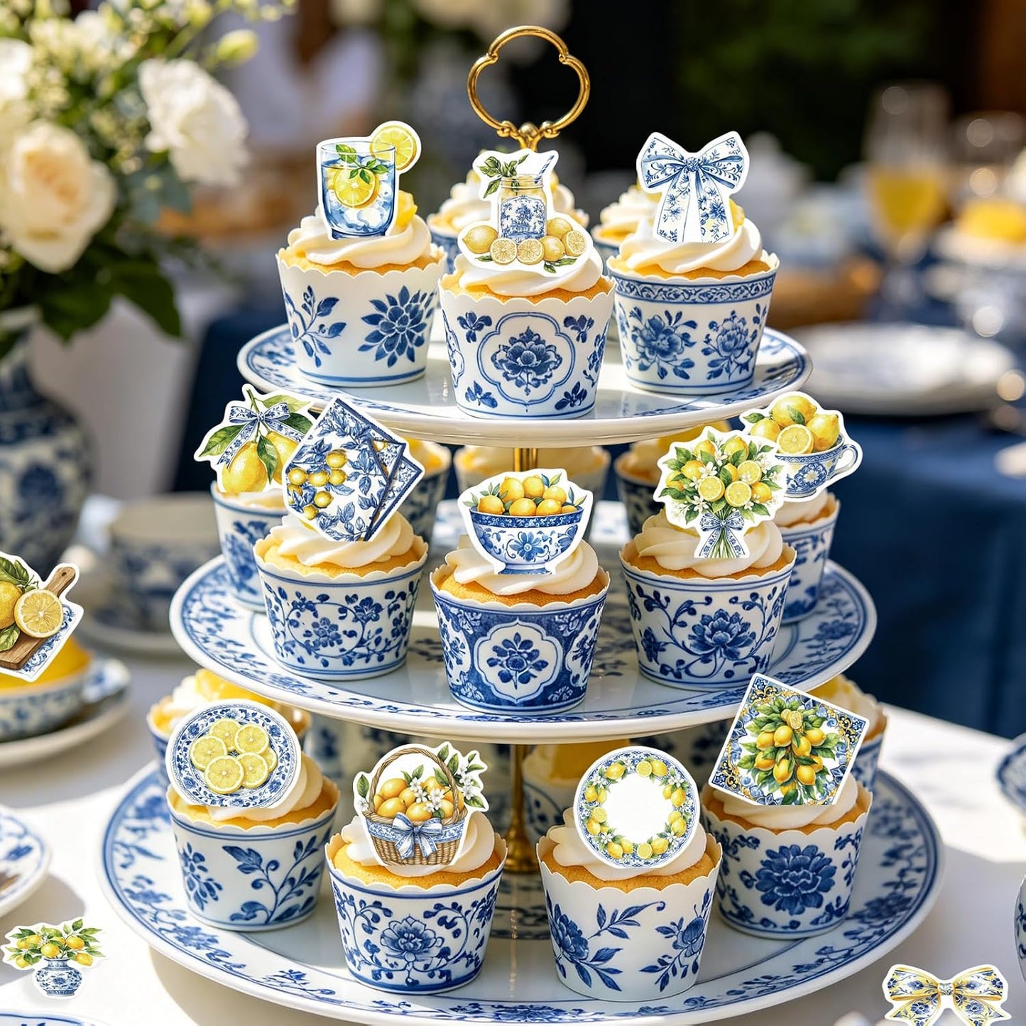 52PCS Edible Capri Lemon Cupcake Toppers Wafer Paper Blue Tiles Yellow Lemon Cake Picks Edible Amalfi Coast Lemon Cupcake Toppers for Summer Mediterranean Lemon Theme Party Supplies