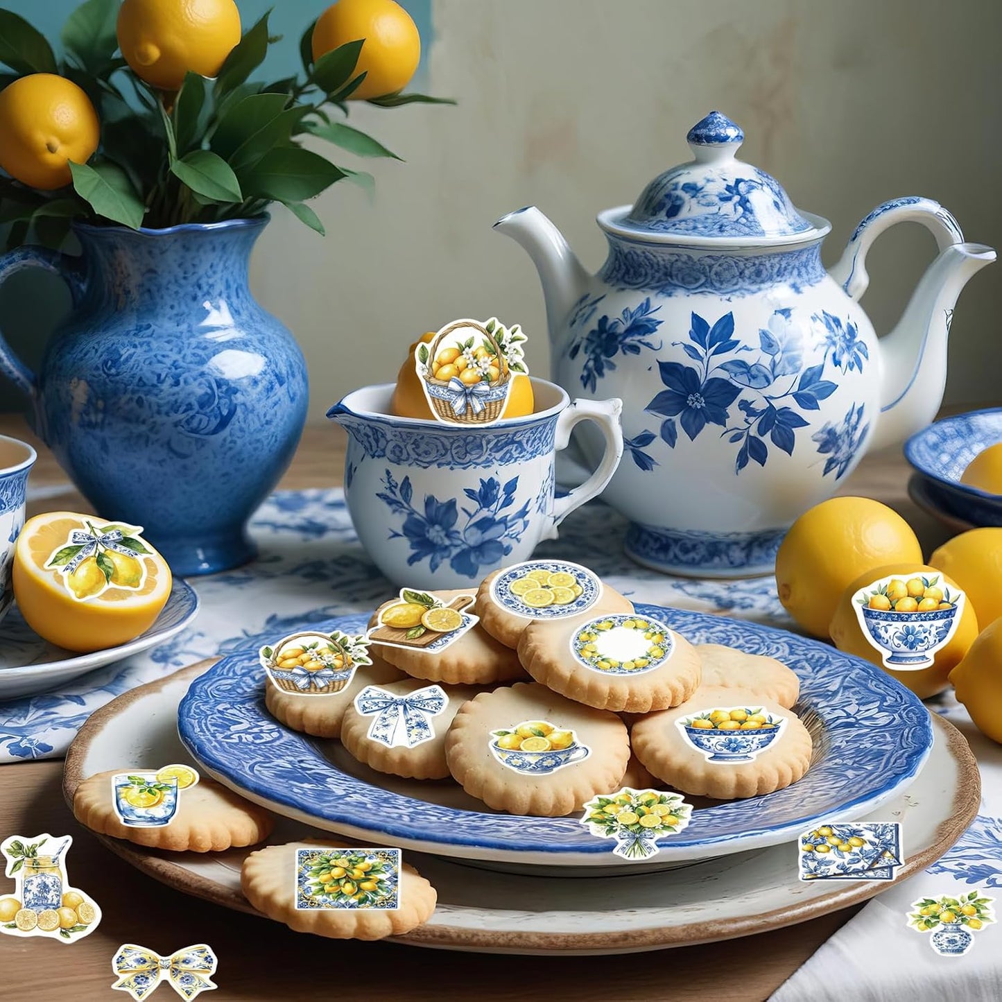 52PCS Edible Capri Lemon Cupcake Toppers Wafer Paper Blue Tiles Yellow Lemon Cake Picks Edible Amalfi Coast Lemon Cupcake Toppers for Summer Mediterranean Lemon Theme Party Supplies