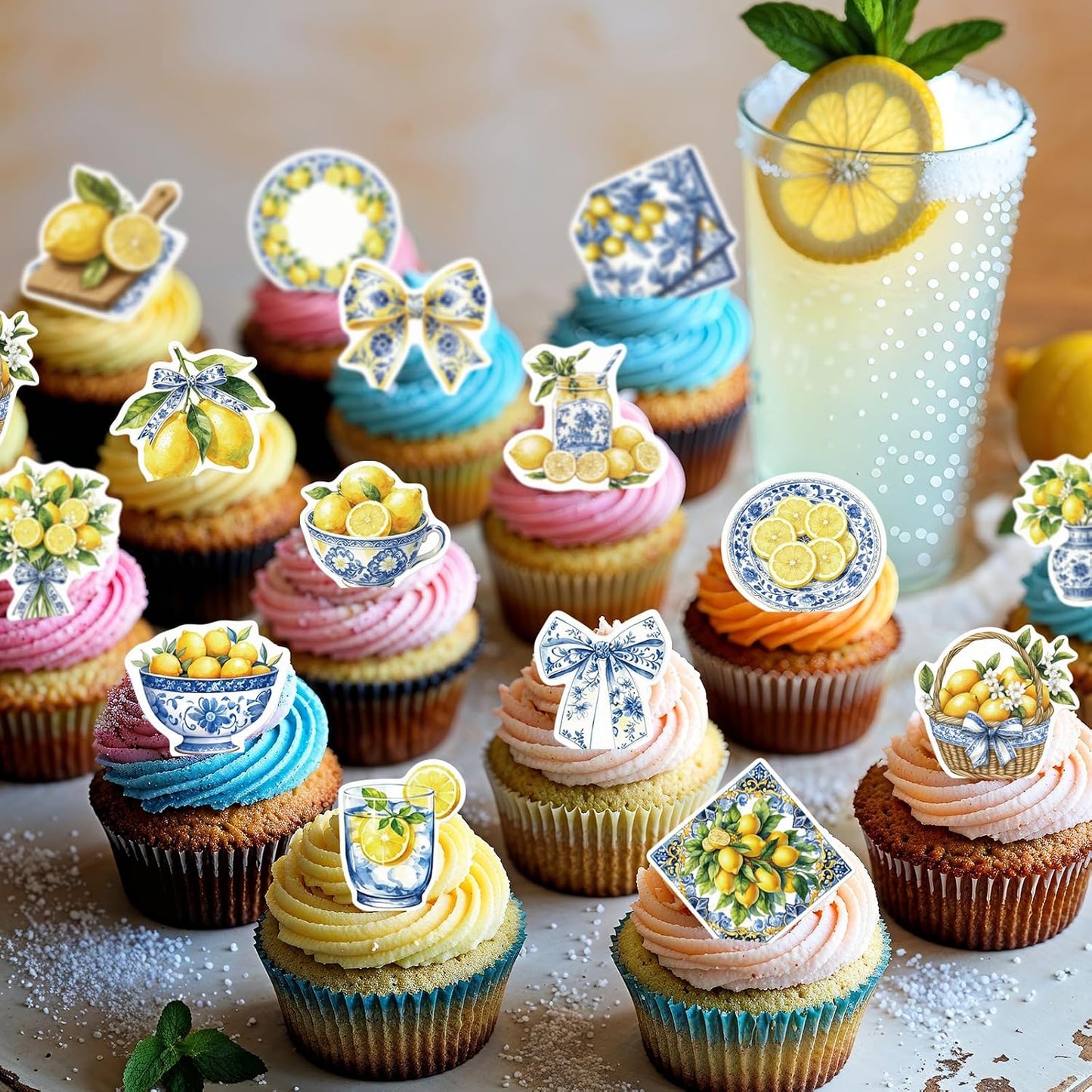 52PCS Edible Capri Lemon Cupcake Toppers Wafer Paper Blue Tiles Yellow Lemon Cake Picks Edible Amalfi Coast Lemon Cupcake Toppers for Summer Mediterranean Lemon Theme Party Supplies