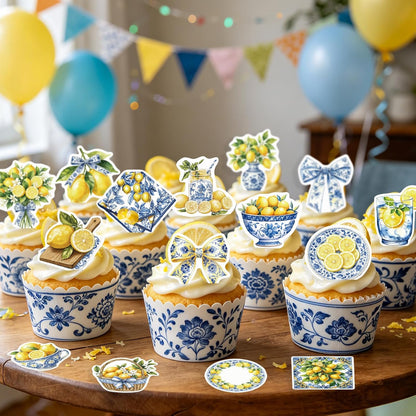 52PCS Edible Capri Lemon Cupcake Toppers Wafer Paper Blue Tiles Yellow Lemon Cake Picks Edible Amalfi Coast Lemon Cupcake Toppers for Summer Mediterranean Lemon Theme Party Supplies