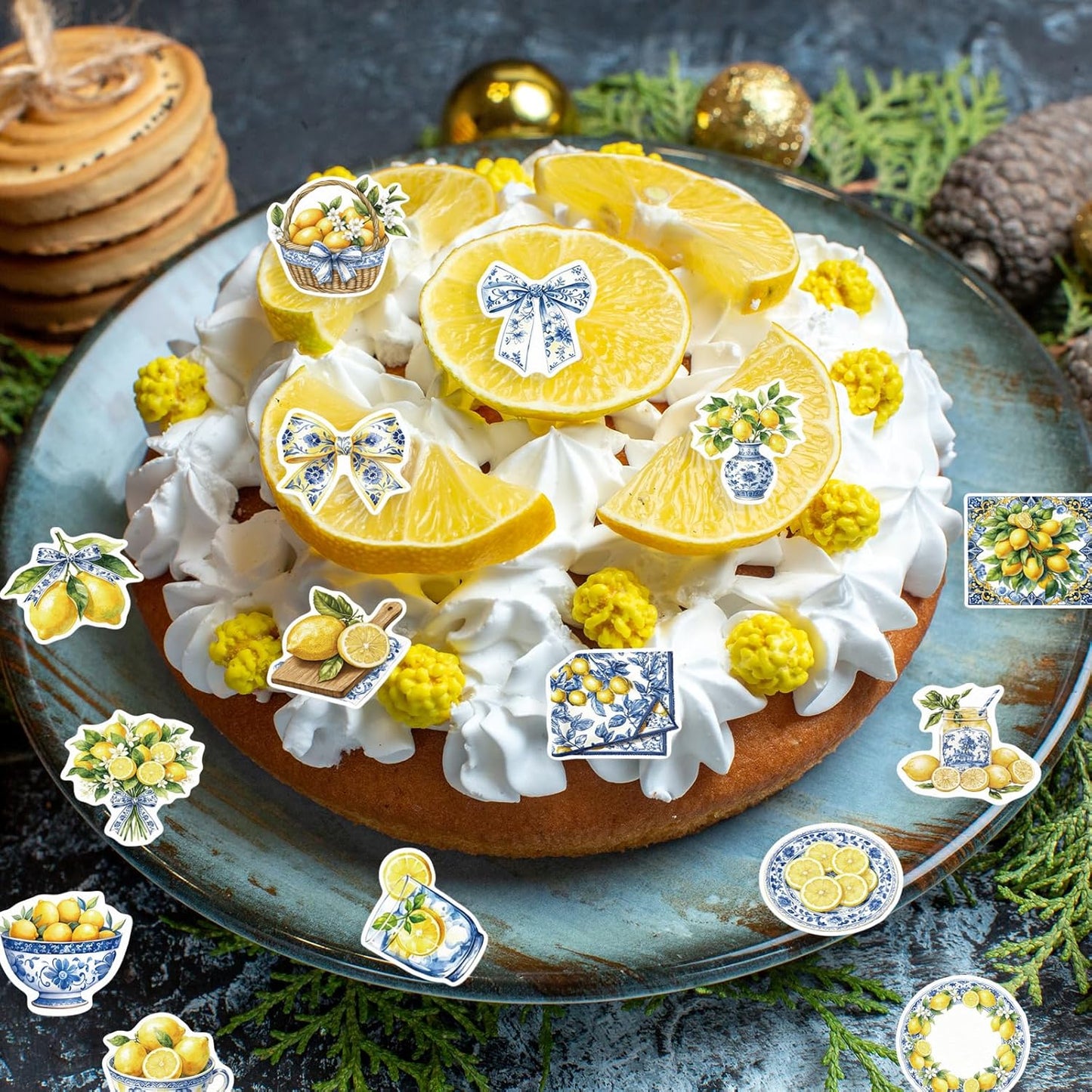 52PCS Edible Capri Lemon Cupcake Toppers Wafer Paper Blue Tiles Yellow Lemon Cake Picks Edible Amalfi Coast Lemon Cupcake Toppers for Summer Mediterranean Lemon Theme Party Supplies