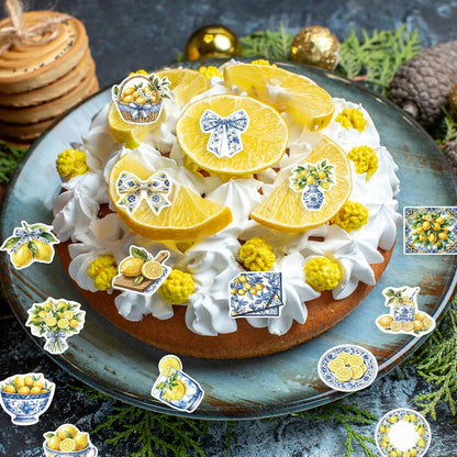 52PCS Edible Capri Lemon Cupcake Toppers Wafer Paper Blue Tiles Yellow Lemon Cake Picks Edible Amalfi Coast Lemon Cupcake Toppers for Summer Mediterranean Lemon Theme Party Supplies