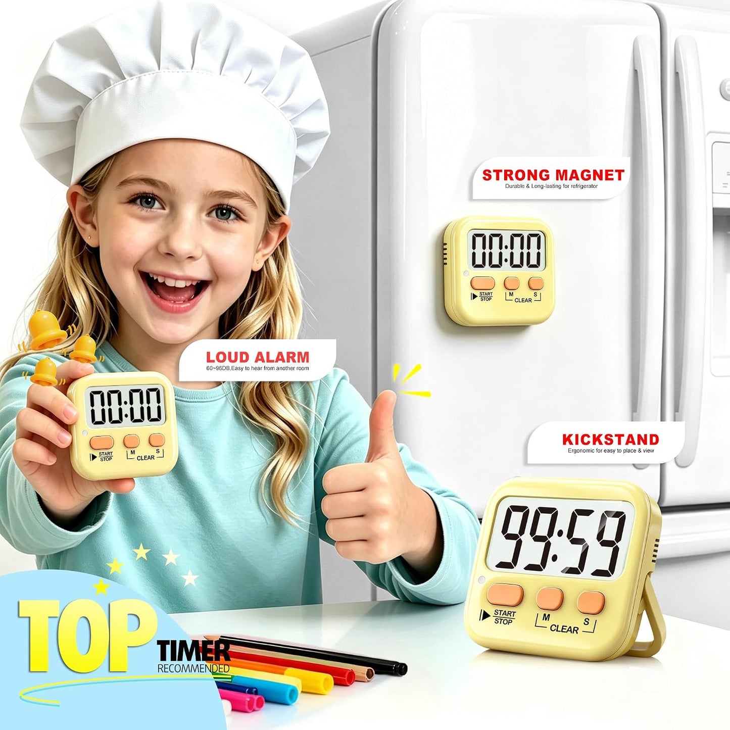 2 Pack Digital Timer for Kids, Magnetic Countdown Kitchen Timers for Cooking, Egg, Classroom, Teacher, Exercise, Study, Oven - Battery Included