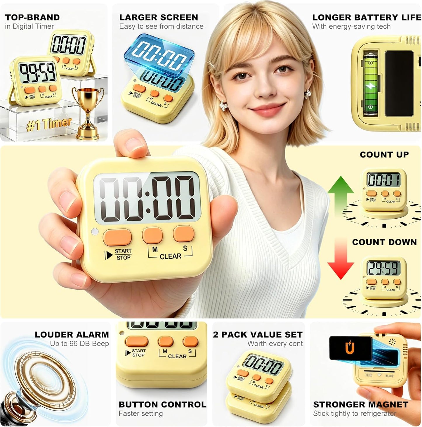 2 Pack Digital Timer for Kids, Magnetic Countdown Kitchen Timers for Cooking, Egg, Classroom, Teacher, Exercise, Study, Oven - Battery Included