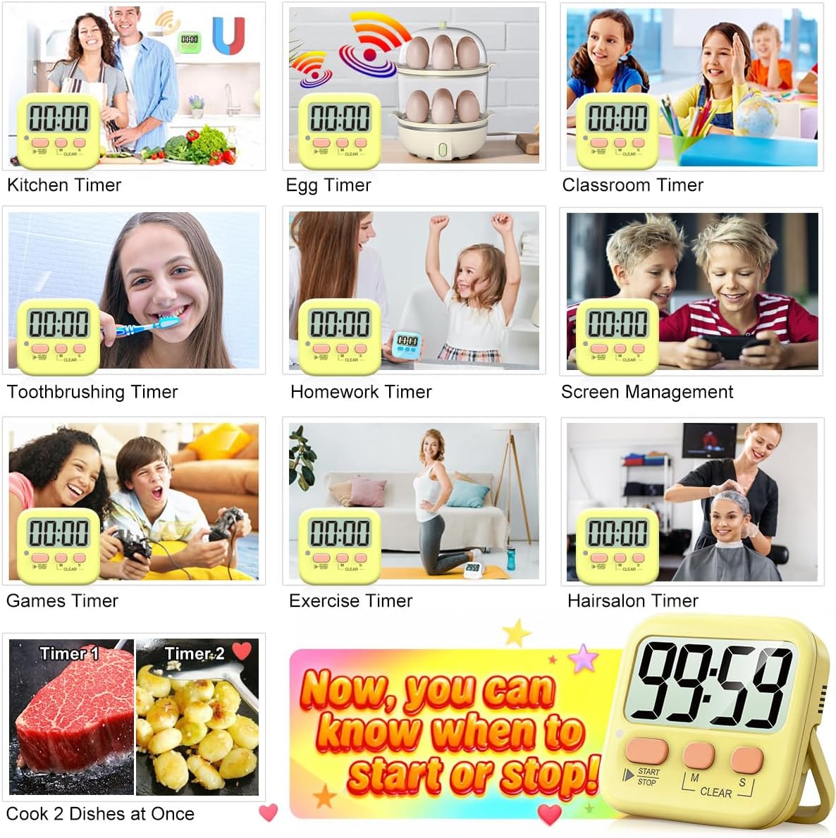 2 Pack Digital Timer for Kids, Magnetic Countdown Kitchen Timers for Cooking, Egg, Classroom, Teacher, Exercise, Study, Oven - Battery Included