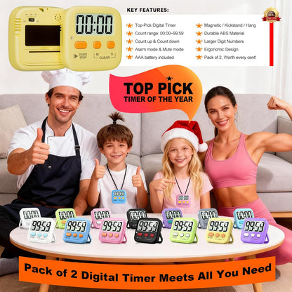 2 Pack Digital Timer for Kids, Magnetic Countdown Kitchen Timers for Cooking, Egg, Classroom, Teacher, Exercise, Study, Oven - Battery Included