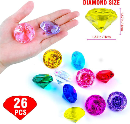 26PCS Yellow Fake Diamonds Big Gem Toys, 1.5in Pool Diving Gems Acrylic Plastic Gemstones for Kids, Party Décor Jewels Treasure Hunt Hiding Sensory Bin Filler Toys Craft Supplies