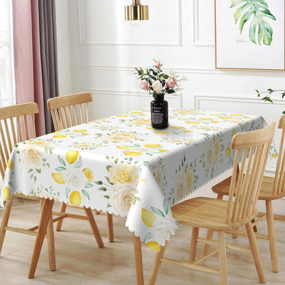 52x70inches Summer Lemon Tablecloth Yellow Lemon Blooming Floral Decorative Table Cover Waterproof Stain Resistant Rectangle Table Cloth for Dining Room Kitchen Picnic Theme Party Supplies