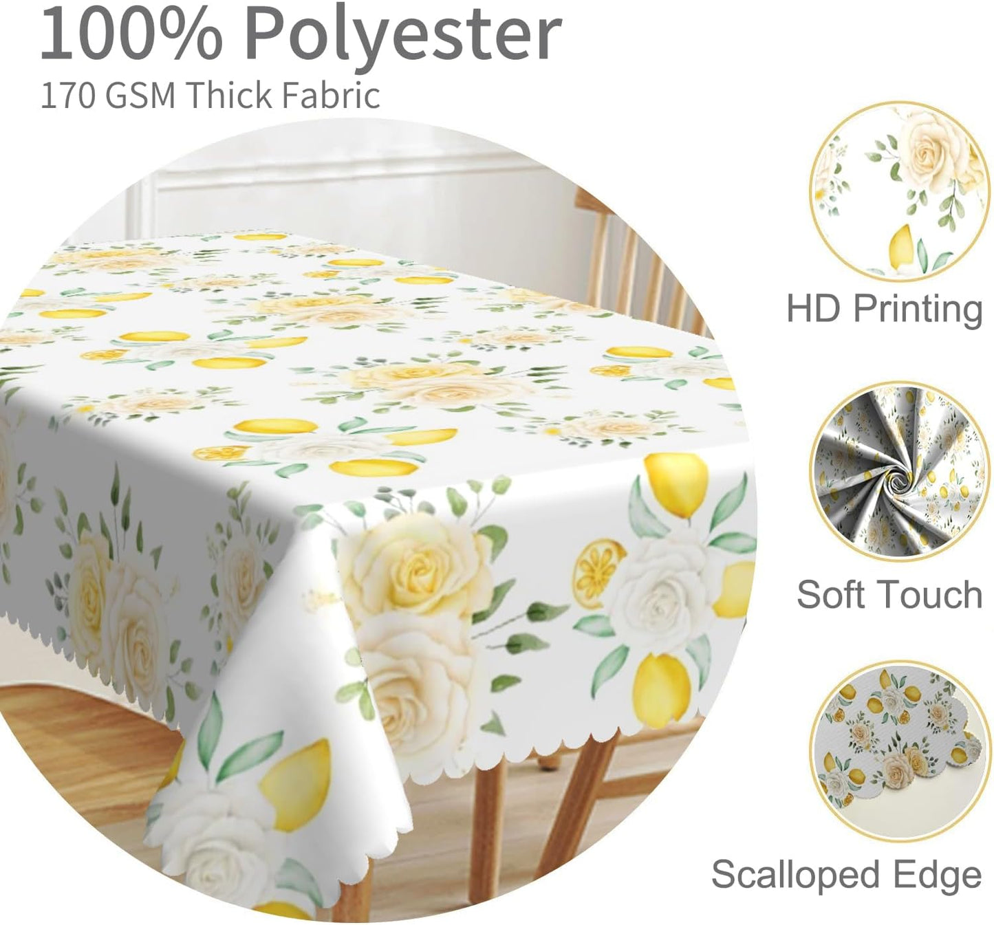 52x70inches Summer Lemon Tablecloth Yellow Lemon Blooming Floral Decorative Table Cover Waterproof Stain Resistant Rectangle Table Cloth for Dining Room Kitchen Picnic Theme Party Supplies
