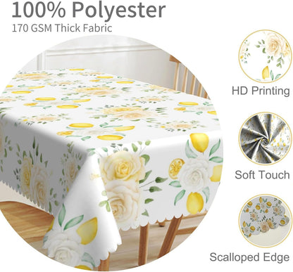 52x70inches Summer Lemon Tablecloth Yellow Lemon Blooming Floral Decorative Table Cover Waterproof Stain Resistant Rectangle Table Cloth for Dining Room Kitchen Picnic Theme Party Supplies