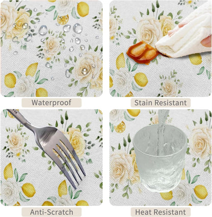 52x70inches Summer Lemon Tablecloth Yellow Lemon Blooming Floral Decorative Table Cover Waterproof Stain Resistant Rectangle Table Cloth for Dining Room Kitchen Picnic Theme Party Supplies