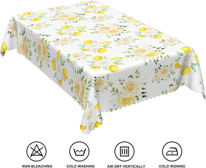 52x70inches Summer Lemon Tablecloth Yellow Lemon Blooming Floral Decorative Table Cover Waterproof Stain Resistant Rectangle Table Cloth for Dining Room Kitchen Picnic Theme Party Supplies