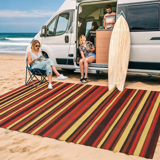 9x12 Outdoor Rug Modern Geometric Reversible Plastic Straw Outdoor Rugs Colorful Striped Indoor Outdoor Carpet UV Resistant Stain Large Rug for Balcony Deck Beach, Purple Red Orange Yellow