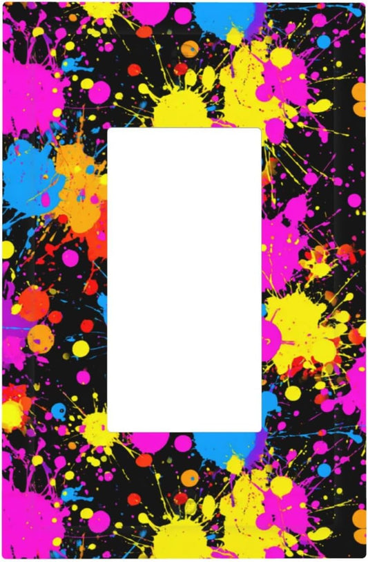 Neon Abstract Pink Blue Yellow Paint Splatter Light Switch Wall Plate Faceplate Cover Single Rocker 1 Gang Decorator Outlet Receptacle Covers For Home Kitchen Room Bathroom Decor