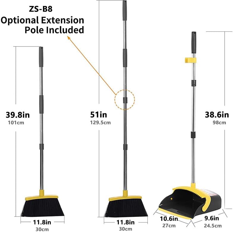 Brooms with Dustpan Combo Set， with 52" Long Handle, Dustpan Teeth with self-Cleaning Function, Indoor and Outdoor Sweeping, Perfect for Home Office (Large/Yellow/ 2-Pack)