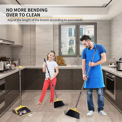 Brooms with Dustpan Combo Set， with 52" Long Handle, Dustpan Teeth with self-Cleaning Function, Indoor and Outdoor Sweeping, Perfect for Home Office (Large/Yellow/ 2-Pack)