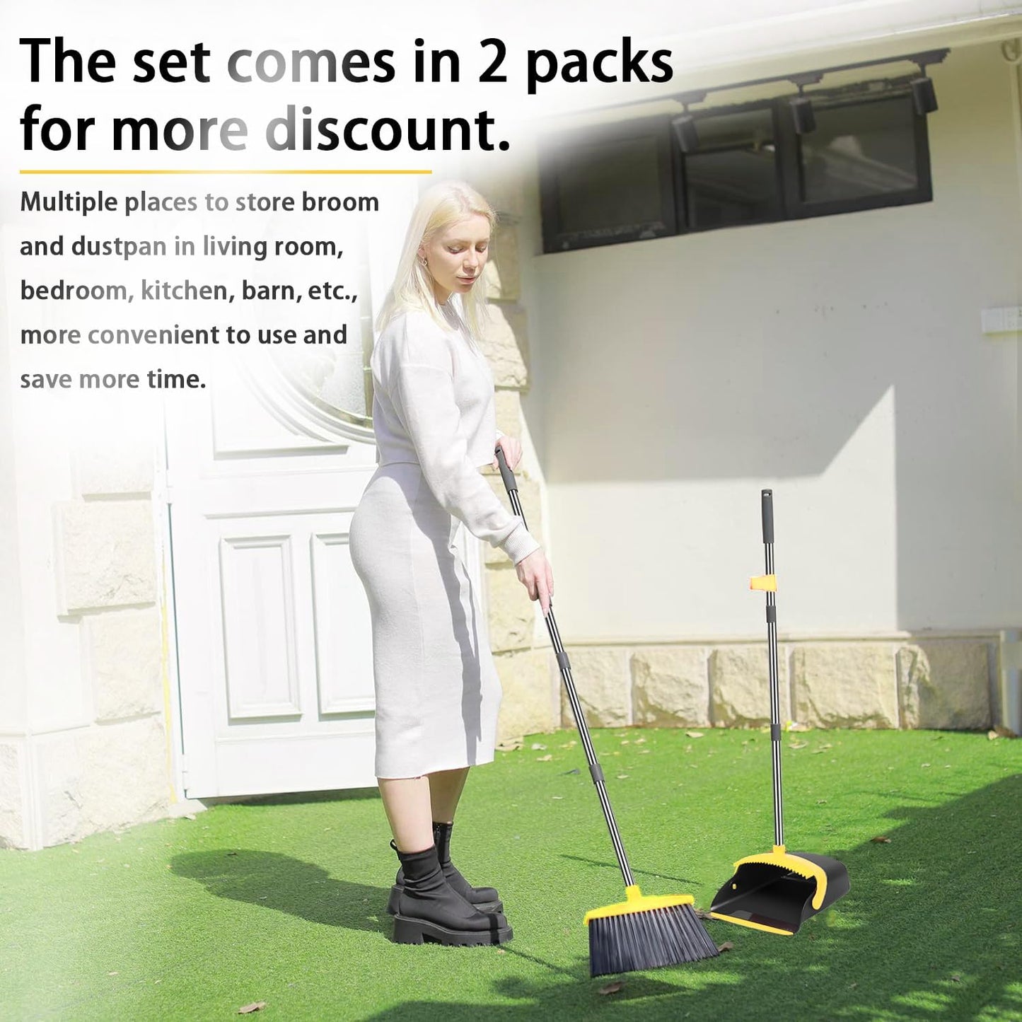 Brooms with Dustpan Combo Set， with 52" Long Handle, Dustpan Teeth with self-Cleaning Function, Indoor and Outdoor Sweeping, Perfect for Home Office (Large/Yellow/ 2-Pack)