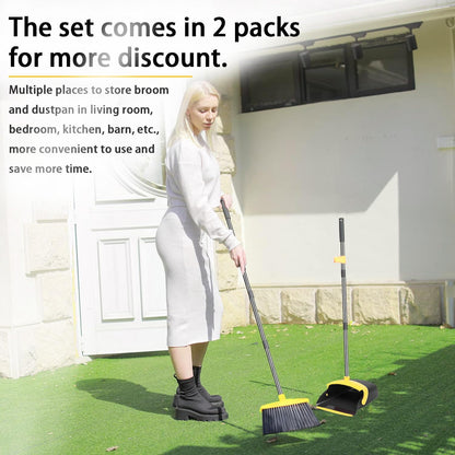 Brooms with Dustpan Combo Set， with 52" Long Handle, Dustpan Teeth with self-Cleaning Function, Indoor and Outdoor Sweeping, Perfect for Home Office (Large/Yellow/ 2-Pack)