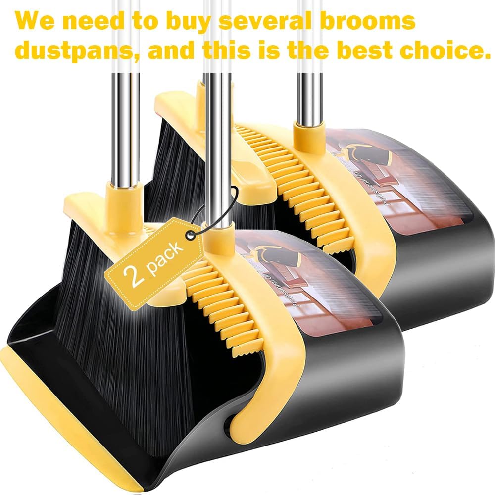 Brooms with Dustpan Combo Set， with 52" Long Handle, Dustpan Teeth with self-Cleaning Function, Indoor and Outdoor Sweeping, Perfect for Home Office (Large/Yellow/ 2-Pack)