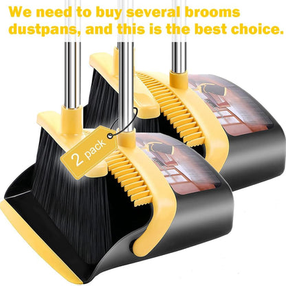 Brooms with Dustpan Combo Set， with 52" Long Handle, Dustpan Teeth with self-Cleaning Function, Indoor and Outdoor Sweeping, Perfect for Home Office (Large/Yellow/ 2-Pack)