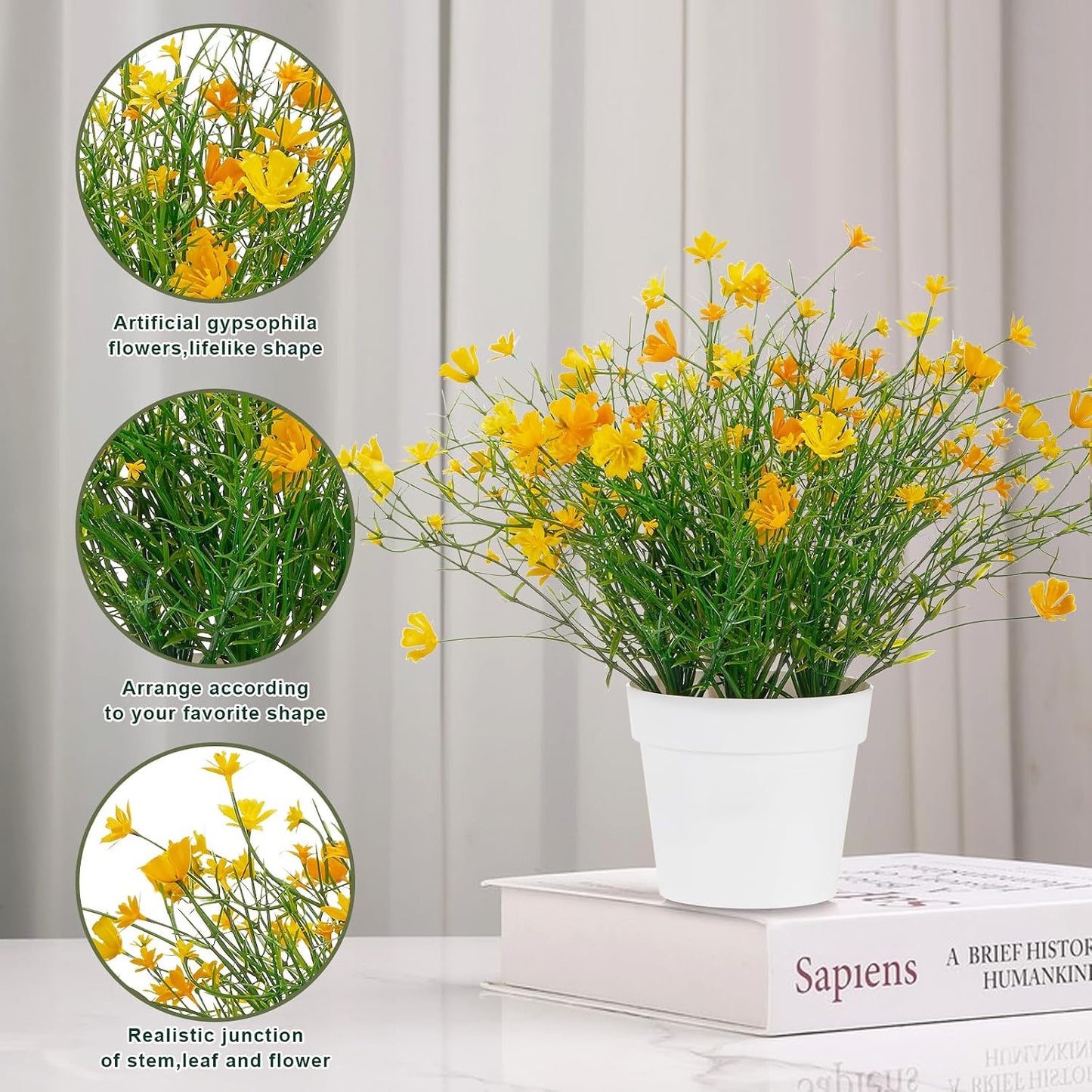 Babys Breath Potted Fake Plants with Flowers Faux Plants Indoor for Home Office Bookshelf Table Farmhouse Room Decor (Yellow)