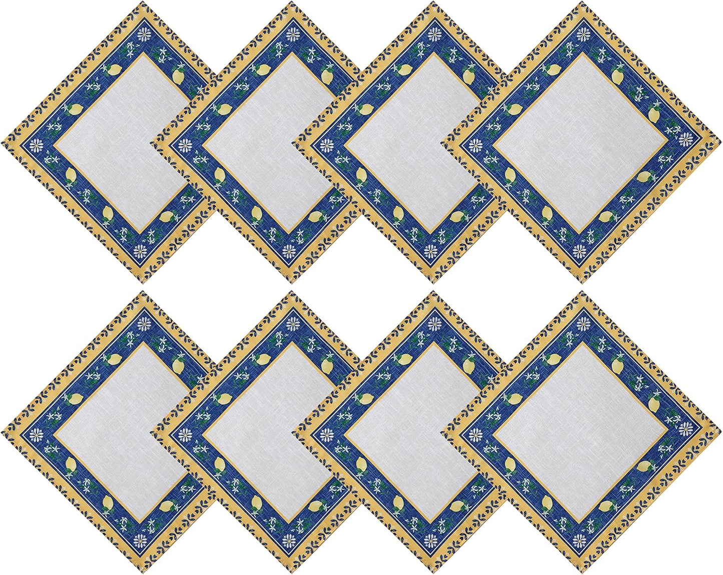 Square Fabric Napkins, Set of 8 Napkins, Blue Lemon Garden, Indoor Outdoor Stain and Water Resistant Fabric Napkins, Mediterranean Orchard