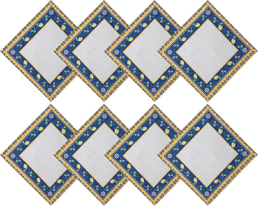 Square Fabric Napkins, Set of 8 Napkins, Blue Lemon Garden, Indoor Outdoor Stain and Water Resistant Fabric Napkins, Mediterranean Orchard
